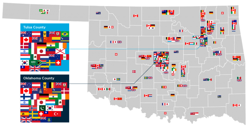 Map showing the flags of the parent countries of companies in Oklahoma by county